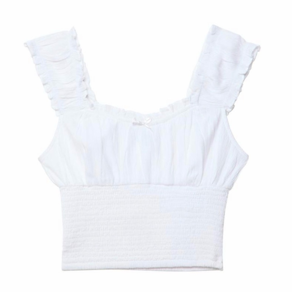 Stradivarius White Smocked Crepe Crop Top | Size S | Ruffle Straps